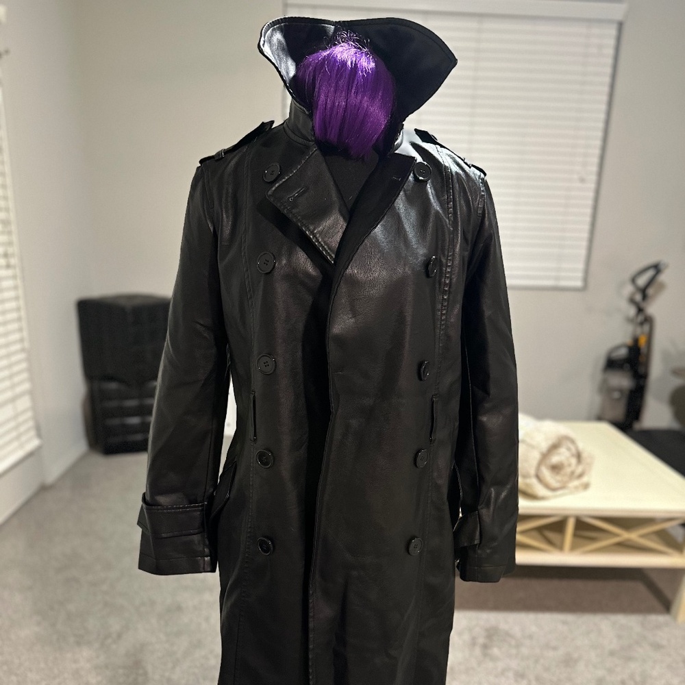 MAX STUDIO Faux Leather Black Long Double Breasted Belted Trench Coat Medium